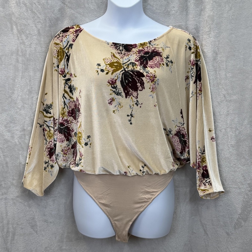 Intimately Free People Bodysuit Womens M Beige Slouchy Babe‎ Velvet Floral